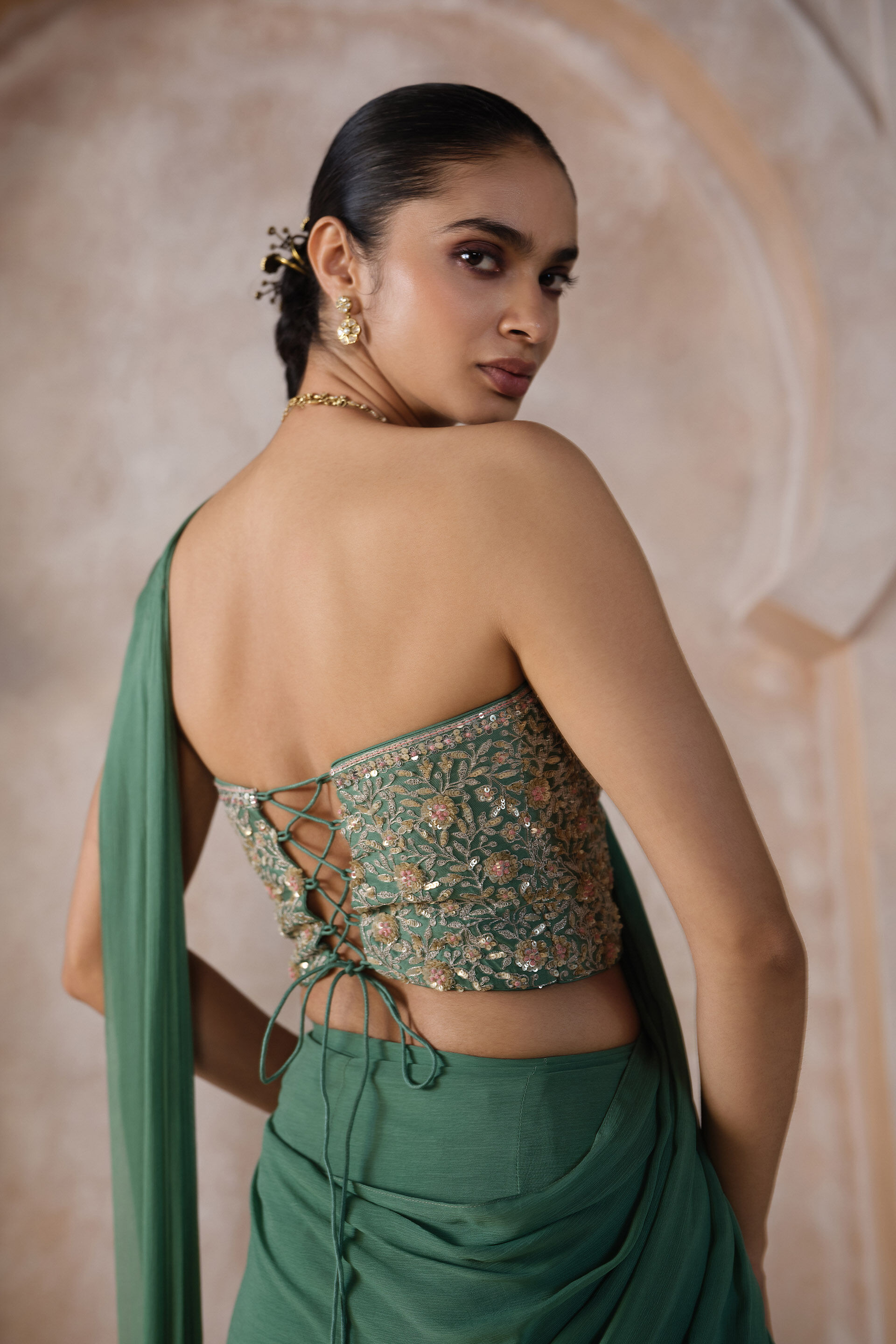 Neerudhi Embroidered Cord Pre-draped Saree - Sage Green, Sage Green, image 4